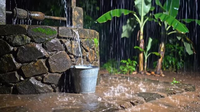 Rainy day water collection bucket.