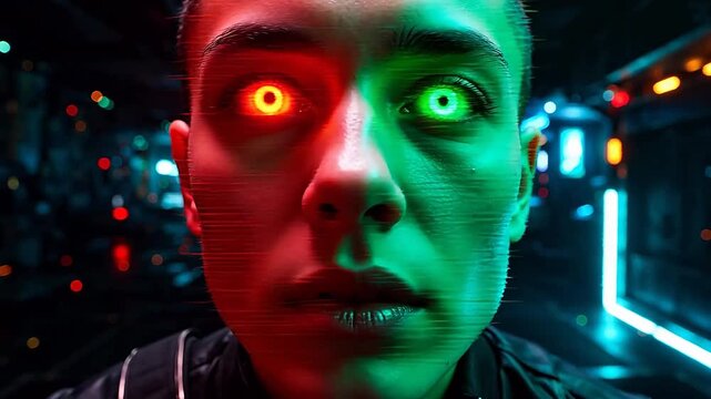 Close-up of a person with glowing red and green eyes, futuristic cyborg concept art