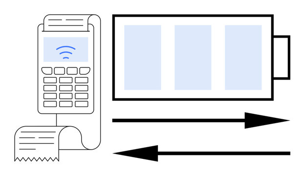 Finance, technology, wireless payment, energy consumption, efficiency, transaction process. Payment terminal with receipt and battery icon with arrows. Finance and technology process