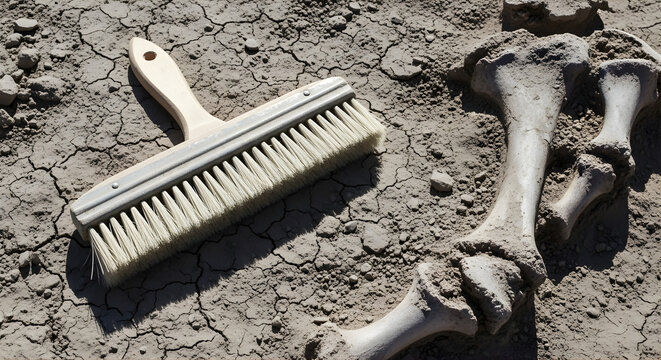 Paleontology Brush Beside Exposed Bones in Dry Soil