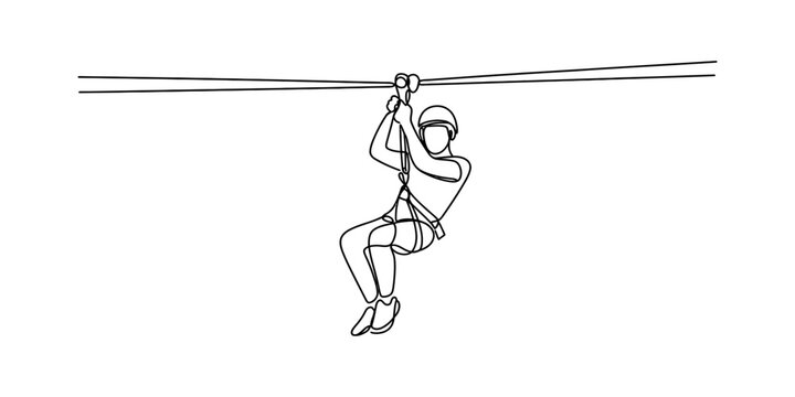 A continuous line drawing of a person wearing a helmet while riding on a high speed zipline cable Vector, illustration
