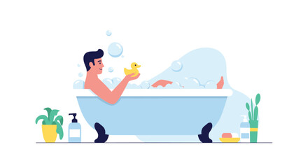 Obraz premium Young man relaxing and having fun in a bubble bath while holding a yellow rubber duck in a clean white bathroom.
