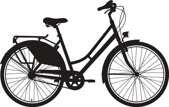 black bicycle with white background, silhouette, side view, bike with fenders and rear rack