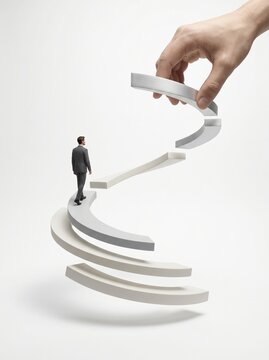 A businessman stands on a spiraling staircase, with a hand adding the next step, symbolizing career advancement and opportunity.