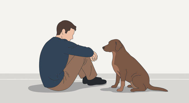 Man Sitting With Brown Dog.