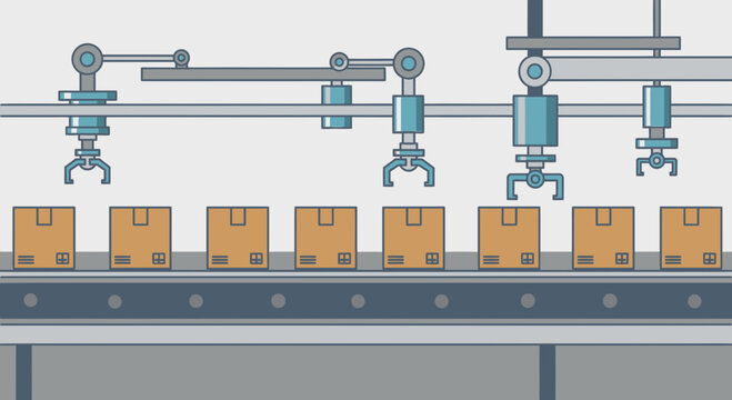 Robotic arms handling cardboard boxes.