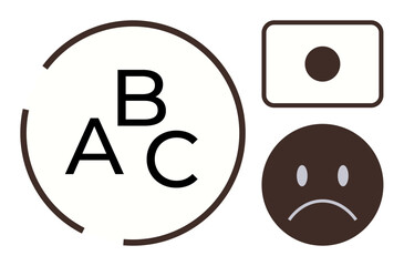 Education, emotion, digital communication, literacy, media, feedback. Letters A, B C sad face camera icon graphics in minimalist design. Education and emotion concept in abstract © robu_s