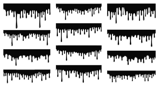 Twelve different black liquid drip patterns at the top of a white background for paint or oil splatter effects.