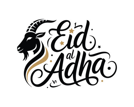 Eid al adha greeting card design with calligraphy text and head of goat vector illustration.