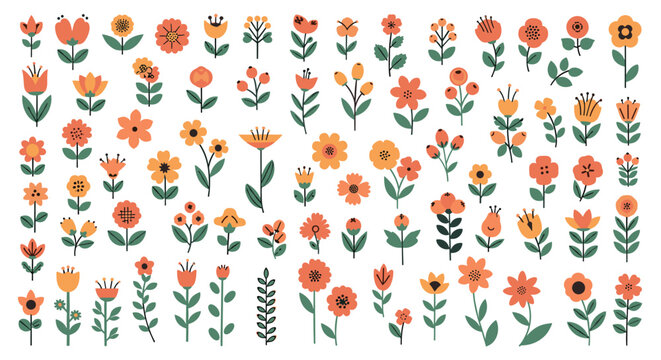 Large collection of simple and colorful flower illustrations with green stems and leaves in a grid on white.