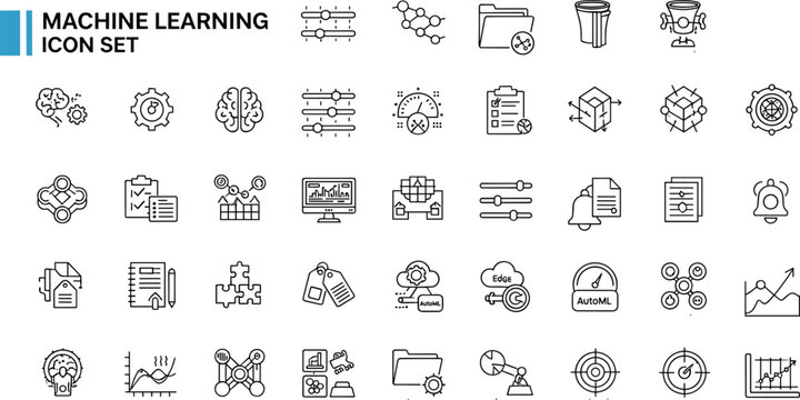 Machine learning artificial intelligence outline icon set neural network data analytics automation algorithm training model prediction computing technology vector collection AI system