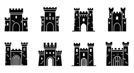 Fototapeta premium Eight black silhouette icons of medieval castle towers and fortress gates shown from a front view for logo design.