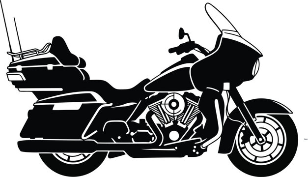 black and white silhouette of a touring motorcycle with saddlebags and windshield