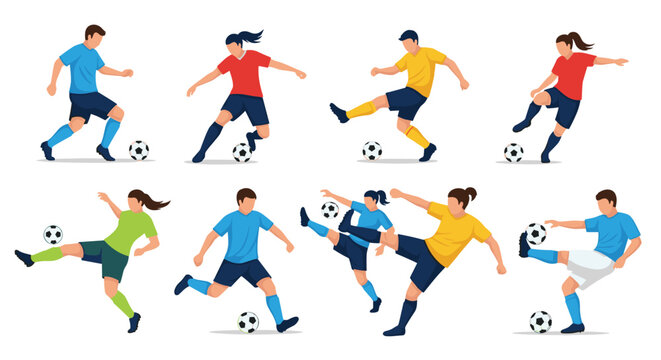 Male and female soccer players in various jerseys demonstrate different action poses like kicking and dribbling.