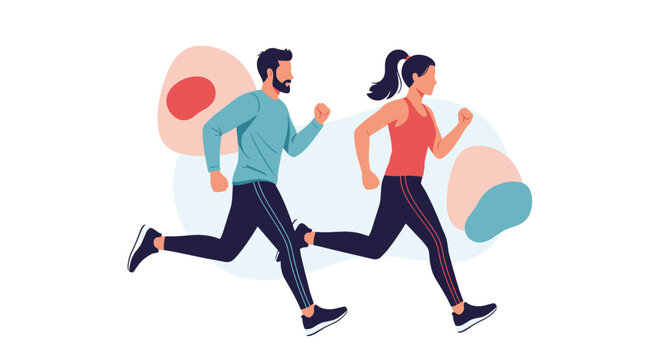 Man and woman enjoy a morning jog together in a minimalist flat design illustration with soft abstract shapes.