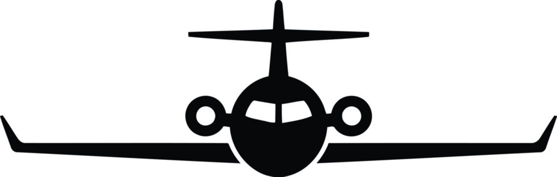 black silhouette of a small airplane flying straight ahead on white background