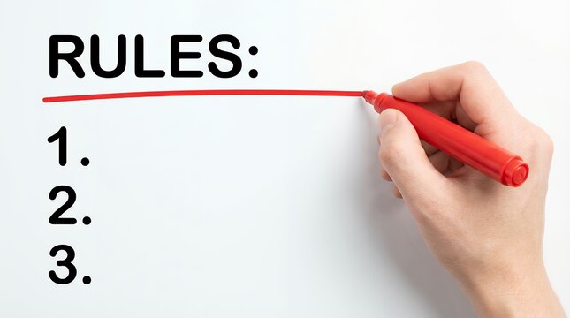 A hand holding a red marker writing the word RULES and numbering one two and three on a white surface 189 characters list numbered decision concept planning important guide