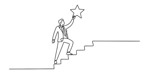 Fototapeta premium A continuous line drawing of a businessman climbing stairs to reach for a shiny golden star Vector, illustration