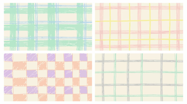 Pastel hand drawn plaid and grid pattern backgrounds in soft colors. Minimal abstract checkered textures for branding, packaging, social media, stationery and spring design. Vector illustration