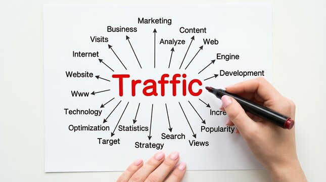 Hand using a marker to draw a mind map of website traffic components including marketing business content and optimization internet strategy search engine analysis development