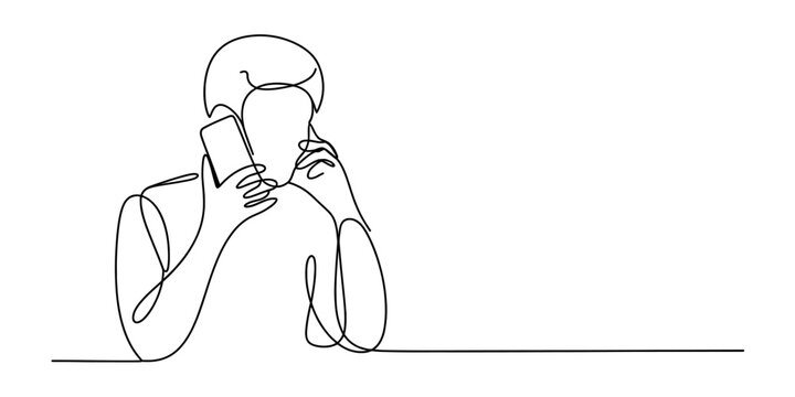 A continuous line drawing of a person talking on a mobile phone while gesturing with their hand. Vector, illustration