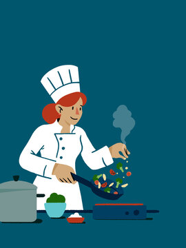 Female chef cooking fresh vegetables in kitchen pan