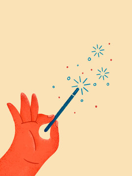 Hand holding magic wand creating sparks illustration