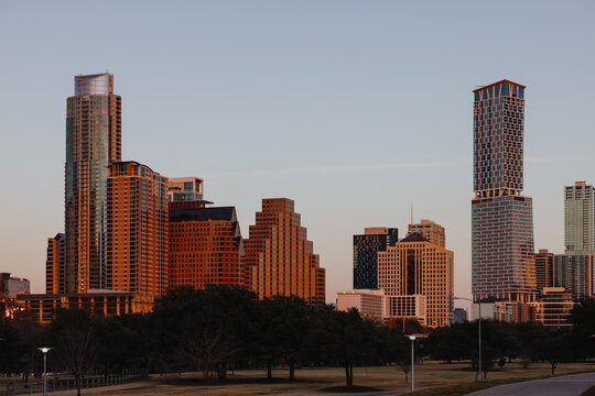  Downtown City Skyline with Modern Towers at Sunset,Austin, Texas