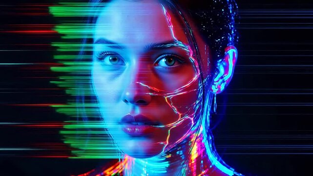 Futuristic digital portrait of a woman with glowing circuit-like patterns on her face and data stream effects