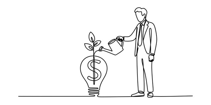 A single line drawing of a businessman nurturing a money tree growing inside a light bulb shape Vector, illustration