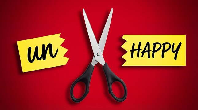 A pair of scissors is positioned between two yellow sticky notes with text un and HAPPY written on them symbolizing the act of removing unhappiness cutting word concept unhappy