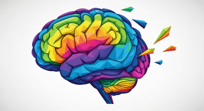 A vibrant, colorful illustration of a human brain with geometric shapes and fragments breaking away.