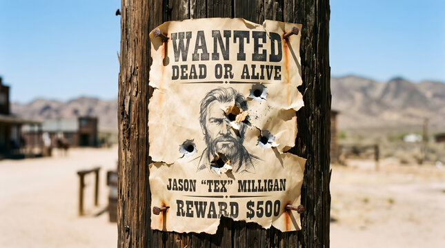 Torn wanted poster with a sketch of Jason Tex Milligan on a wooden post in a desert town