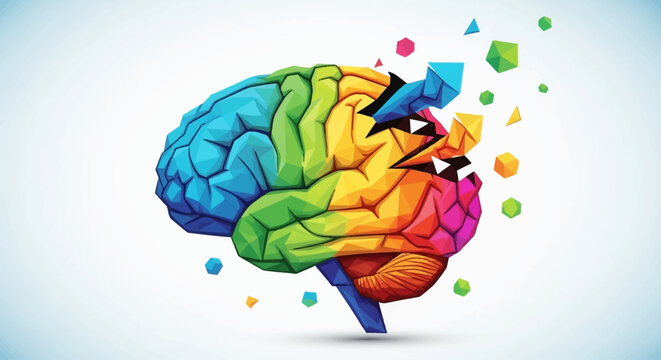 A colorful human brain fragmenting into geometric shapes, symbolizing creativity, thought, and mental processes.