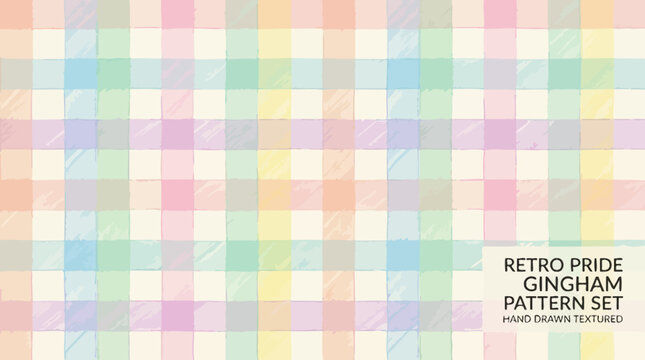 Retro pastel rainbow gingham pattern set. Hand drawn textured checkered squares in pride flag colors. Seamless geometric background for social media, graphic prints, invitation card design. Vector 