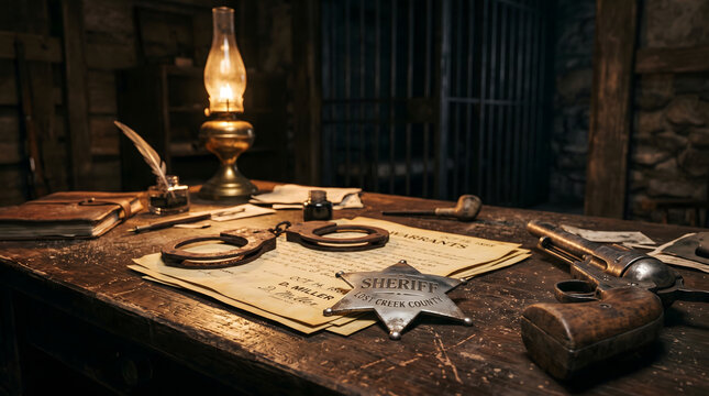 Vintage sheriff's office desk with handcuffs and gun on papers