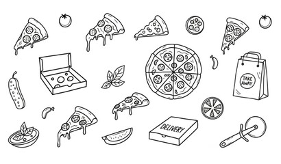Hand drawn pizza doodle icon collection with playful food elements isolated on white background