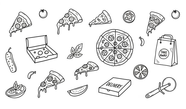 Hand drawn pizza doodle icon collection with playful food elements isolated on white background
