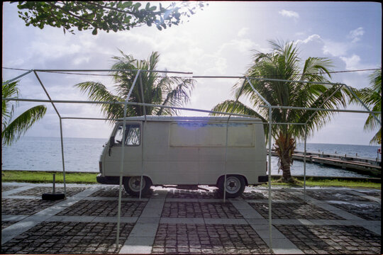 Small van in front of a backdrop of palm trees and sea