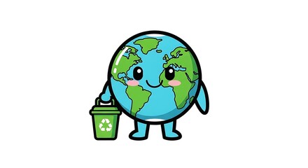Obraz premium Earth's Embrace: An adorable globe character holds a recycling bin, spreading an essential message of environmental stewardship and planetary care.