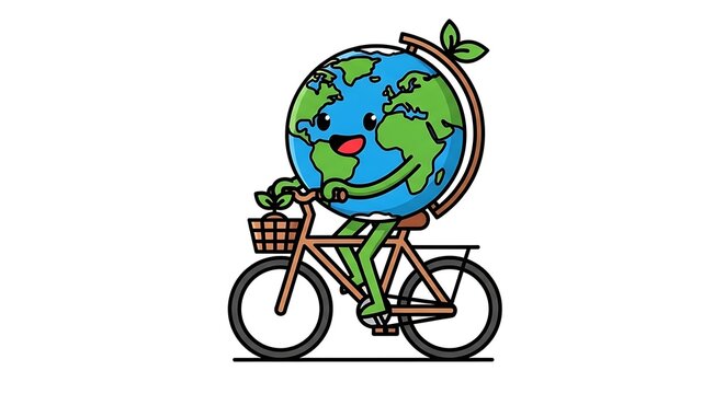 Earth character riding a bicycle to promote sustainability efforts isolated on a white background for environmental marketing.