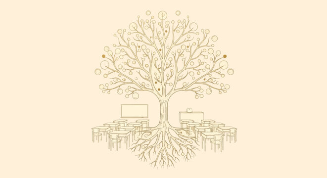 An artistic illustration of a tree with roots intertwined with desks and chairs, symbolizing education and growth.