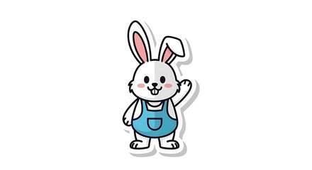 Obraz premium Friendly Bunny: An adorable cartoon bunny, sporting charming overalls, waves hello with a cheerful grin and invites all with this captivating character