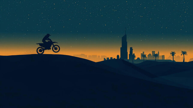 illustration silhouette of a desert scene at night. A lone rider motocross jumping crossing sand dunes. In the background, a grand city skycraper and palm trees