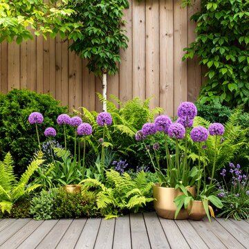 Lush garden scene showcases vibrant purple allium flowers in metallic pots against a wooden fence and deck. Surrounding flora provides rich greenery