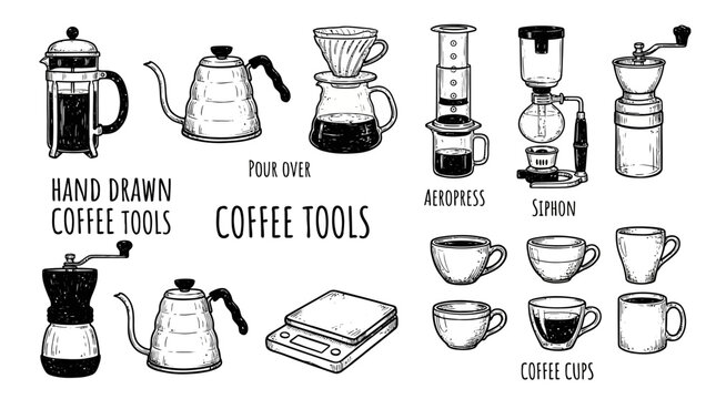 Collection of coffee equipment for manual brew methods isolated vector cliparts. Hand drawn illustrations for coffee shop. Different type of coffee cups, pour over, french press, aeropress, siphon