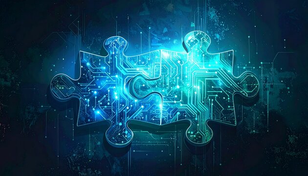 A futuristic digital artwork of two puzzle pieces positioned close together, appearing as if they are about to connect. Each puzzle piece is illuminated with glowing blue and green circuitry patterns,