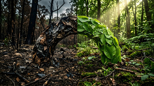 Nature's resilience contrasting the devastation of fire with the rebirth of lush green foliage, symbolizing hope and renewal