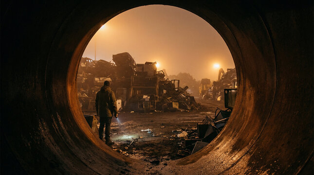 Silhouetted figure in a scrap metal yard at dusk, framed by a large circular pipe, atmospheric lighting with industrial debris and machinery in the background