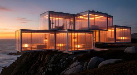 Fototapeta premium Modular glass house glowing on cliff at sunset